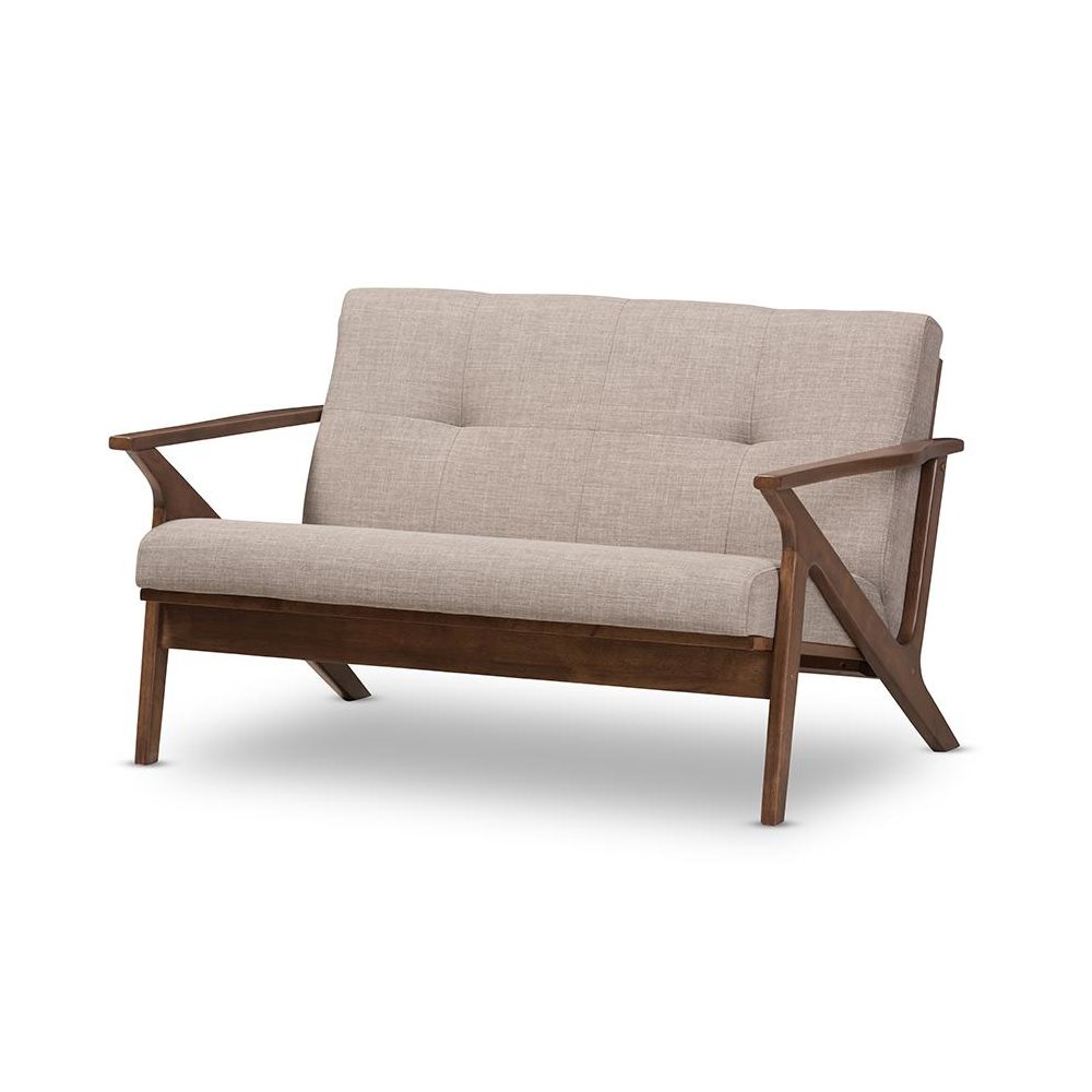 Bianca Mid-Century Modern Walnut Wood Light Grey Fabric Tufted 2-Seater Loveseat. Picture 1