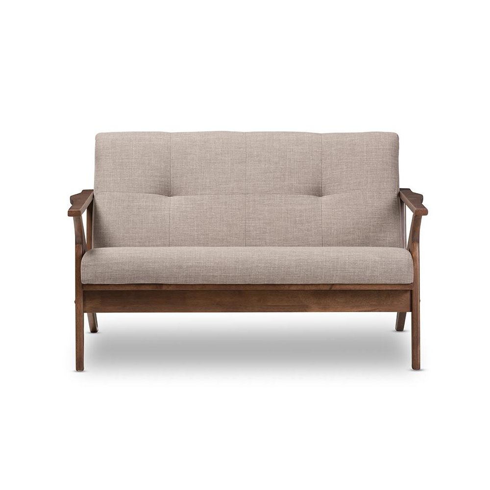 Bianca Mid-Century Modern Walnut Wood Light Grey Fabric Tufted 2-Seater Loveseat. Picture 2