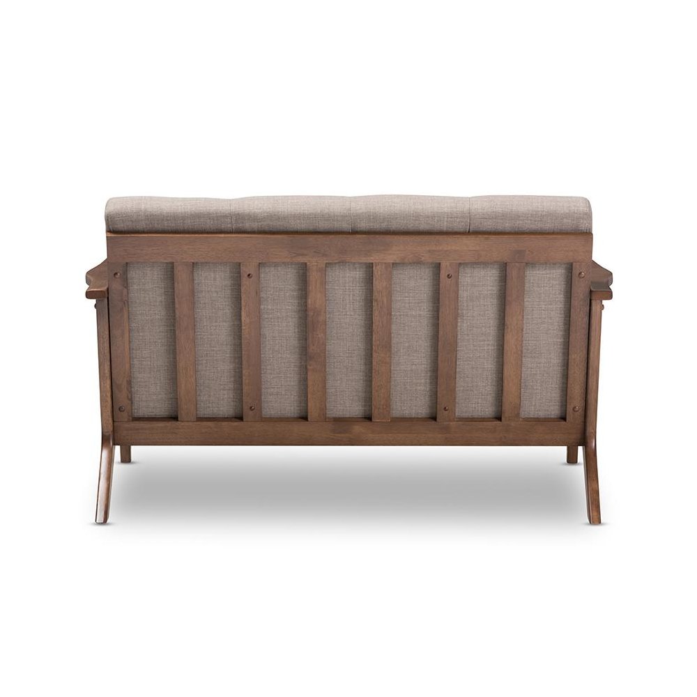 Bianca Mid-Century Modern Walnut Wood Light Grey Fabric Tufted 2-Seater Loveseat. Picture 4