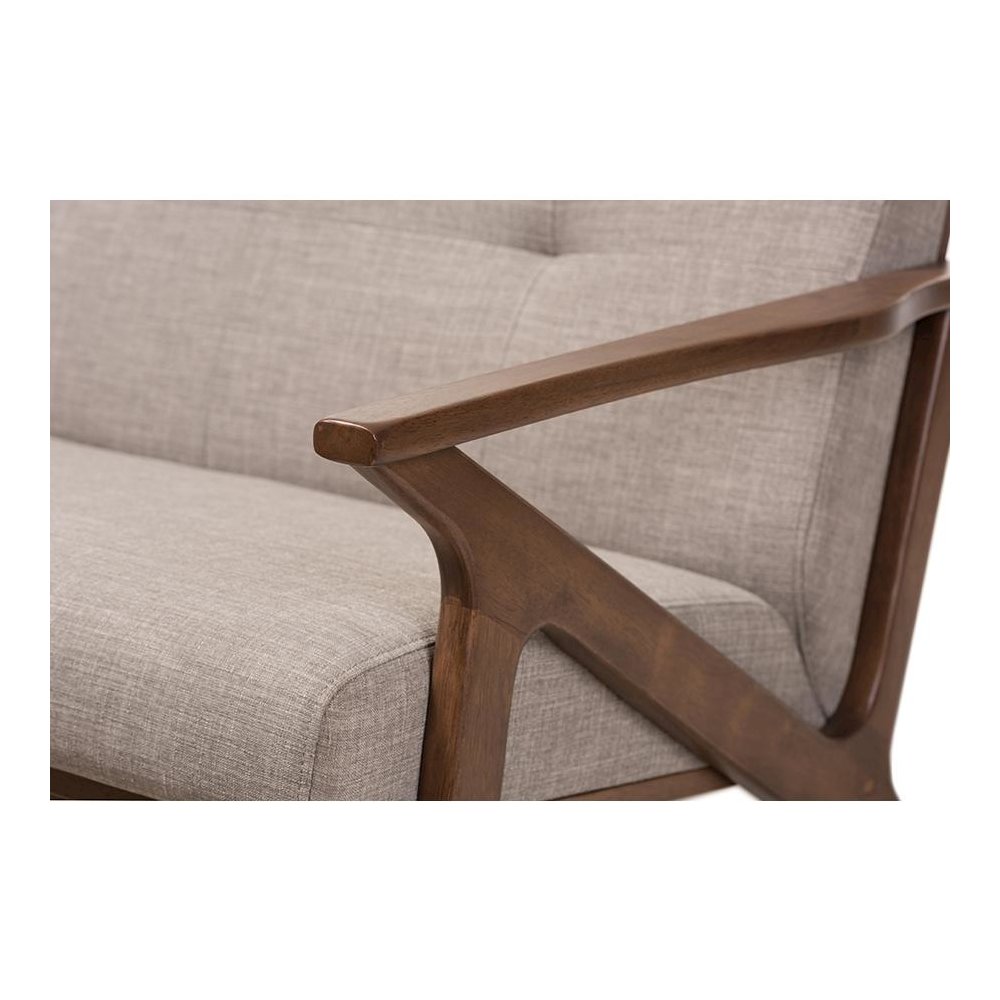 Bianca Mid-Century Modern Walnut Wood Light Grey Fabric Tufted 2-Seater Loveseat. Picture 6
