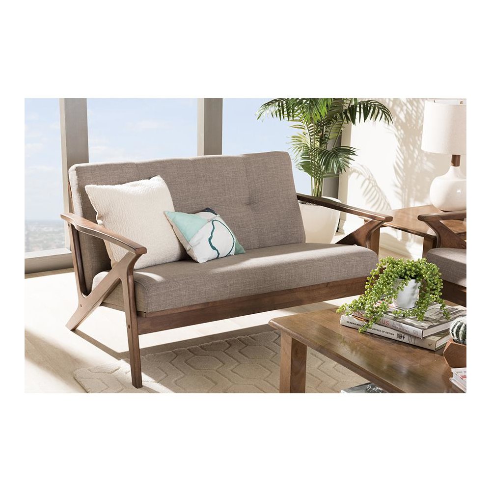 Bianca Mid-Century Modern Walnut Wood Light Grey Fabric Tufted 2-Seater Loveseat. Picture 8
