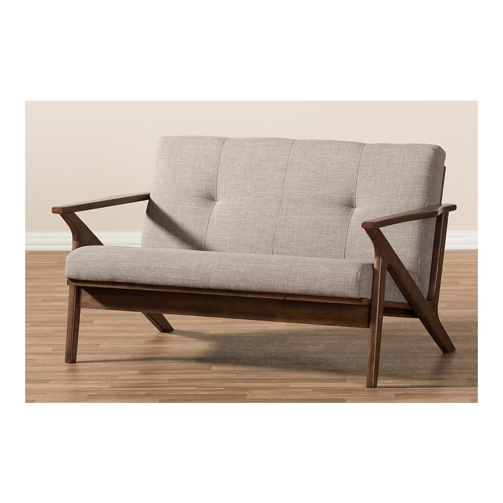 Bianca Mid-Century Modern Walnut Wood Light Grey Fabric Tufted 2-Seater Loveseat. Picture 9