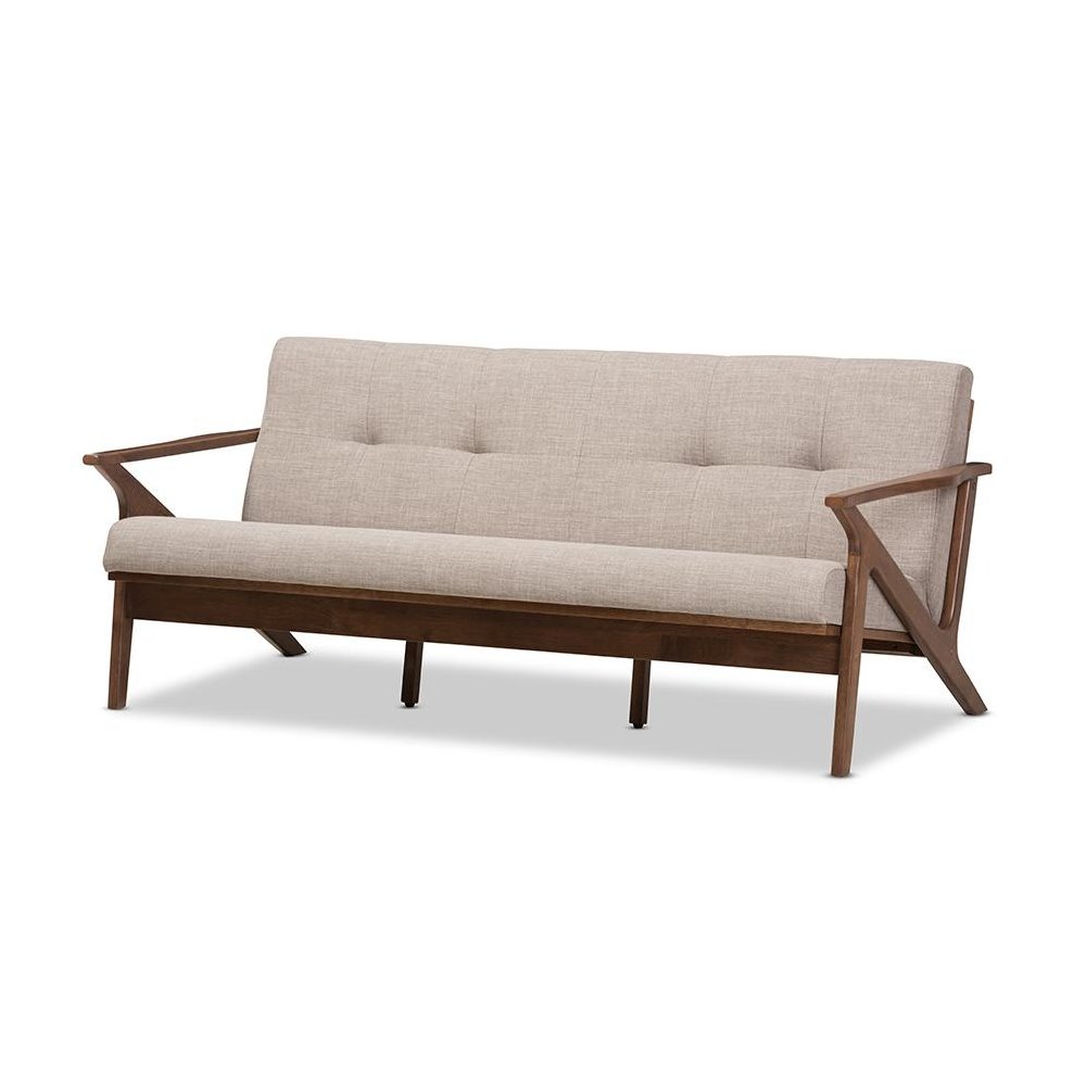 Bianca Mid-Century Modern Walnut Wood Light Grey Fabric Tufted 3-Seater Sofa. Picture 1