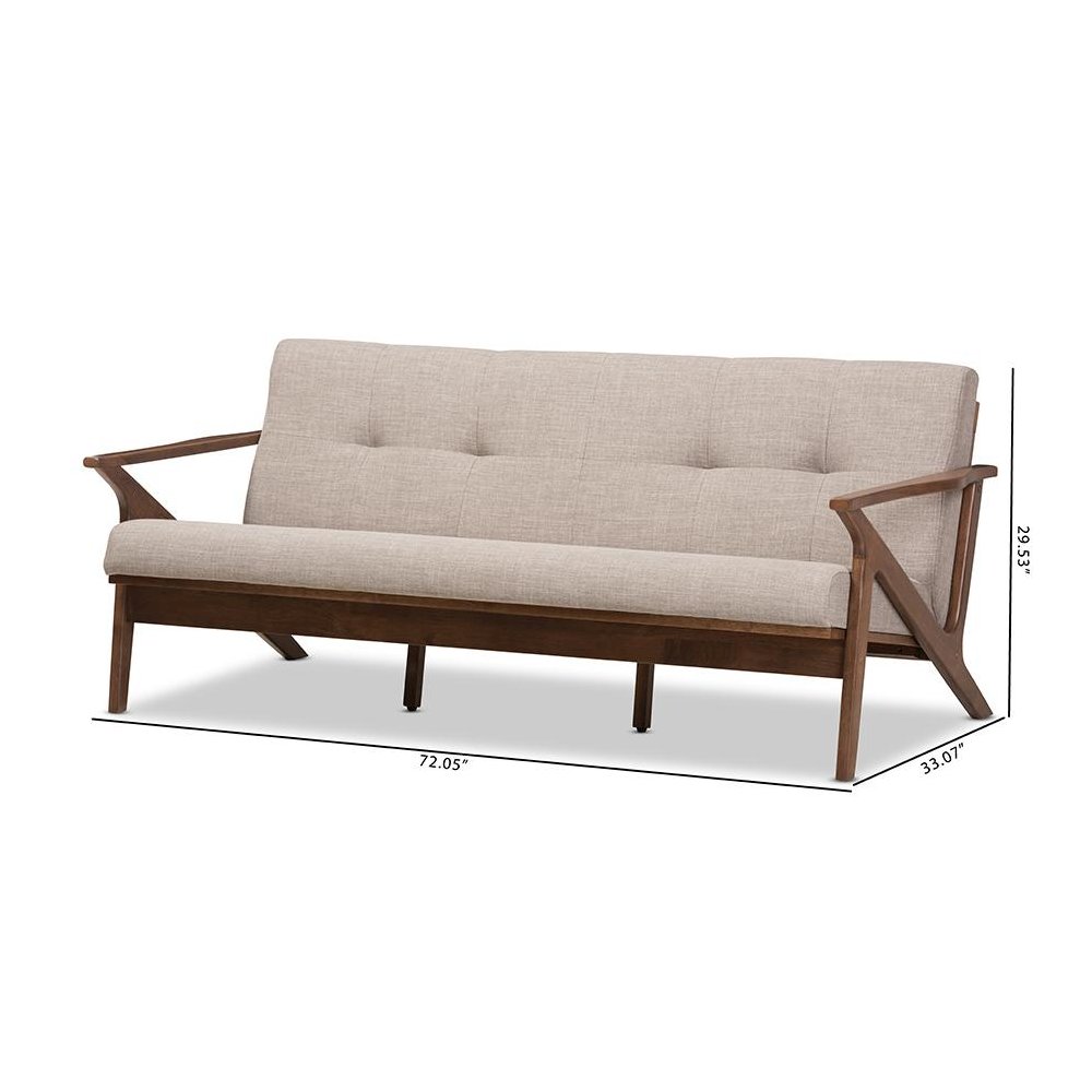 Bianca Mid-Century Modern Walnut Wood Light Grey Fabric Tufted 3-Seater Sofa. Picture 10