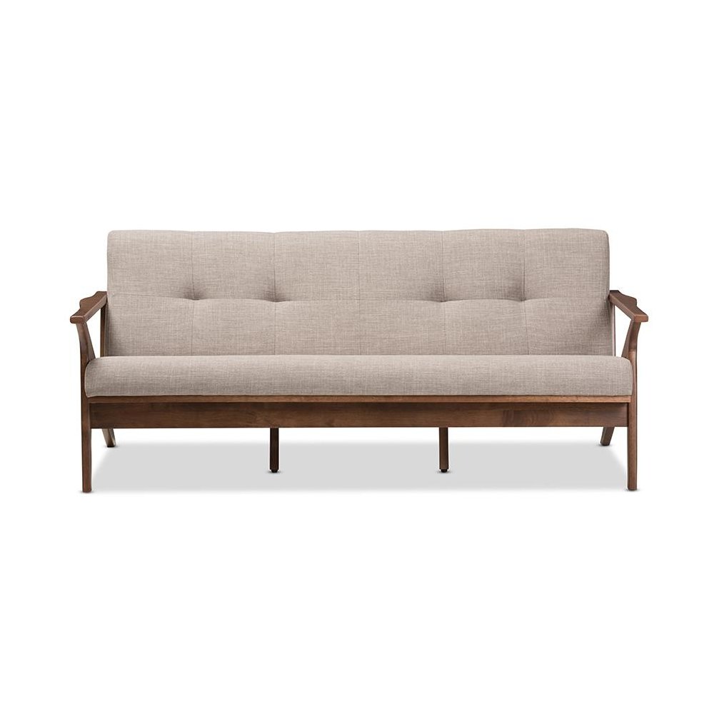 Bianca Mid-Century Modern Walnut Wood Light Grey Fabric Tufted 3-Seater Sofa. Picture 2