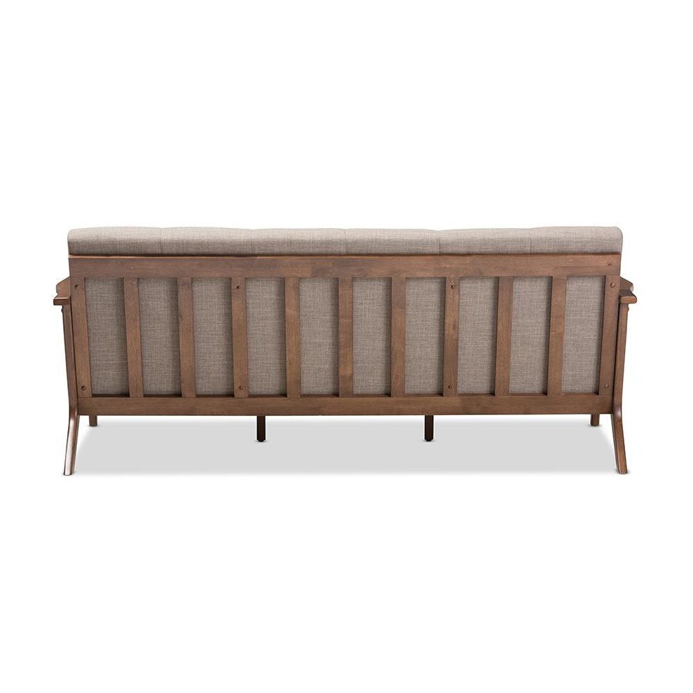 Bianca Mid-Century Modern Walnut Wood Light Grey Fabric Tufted 3-Seater Sofa. Picture 4