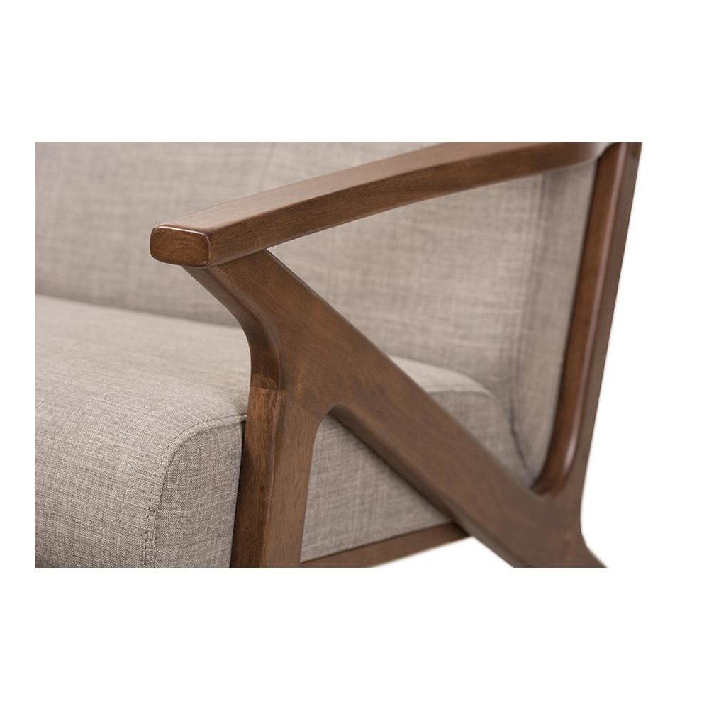 Bianca Mid-Century Modern Walnut Wood Light Grey Fabric Tufted 3-Seater Sofa. Picture 6