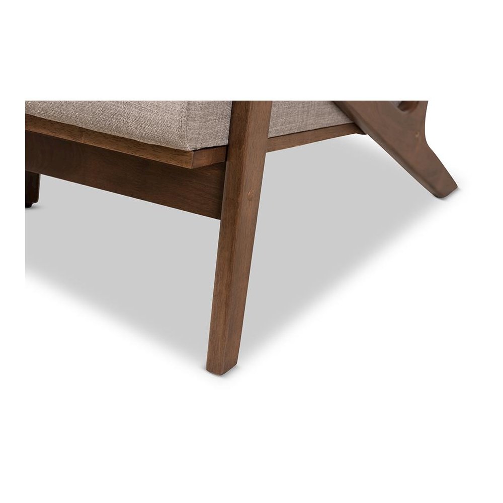 Bianca Mid-Century Modern Walnut Wood Light Grey Fabric Tufted 3-Seater Sofa. Picture 7