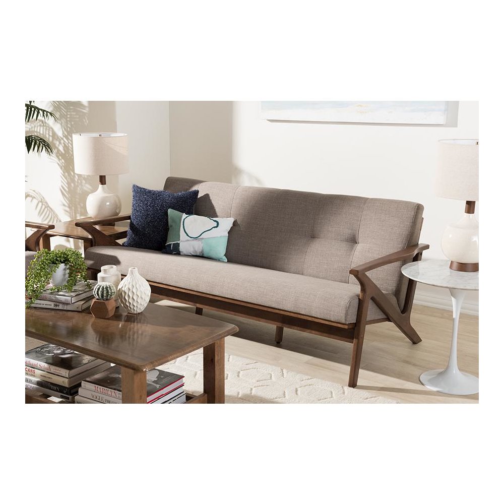 Bianca Mid-Century Modern Walnut Wood Light Grey Fabric Tufted 3-Seater Sofa. Picture 8