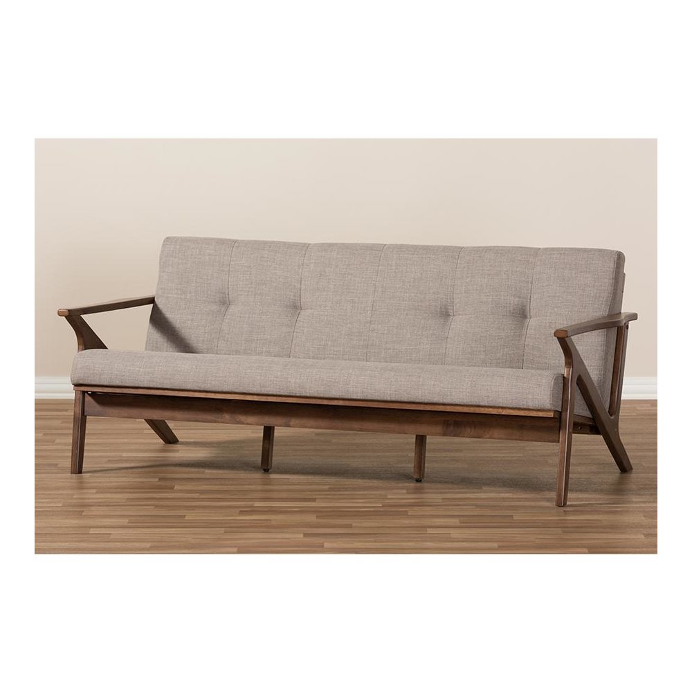 Bianca Mid-Century Modern Walnut Wood Light Grey Fabric Tufted 3-Seater Sofa. Picture 9