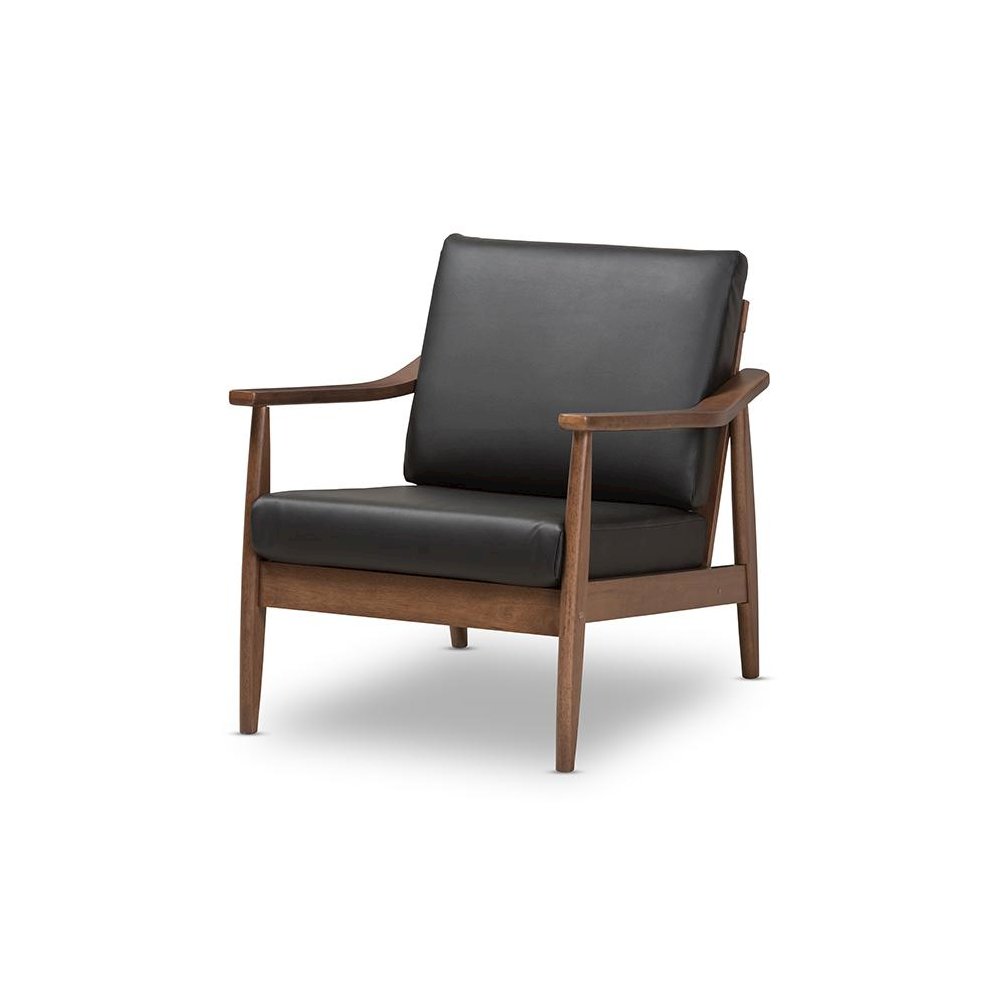 Venza Mid-Century Modern Walnut Wood Black Faux Leather Lounge Chair. Picture 1