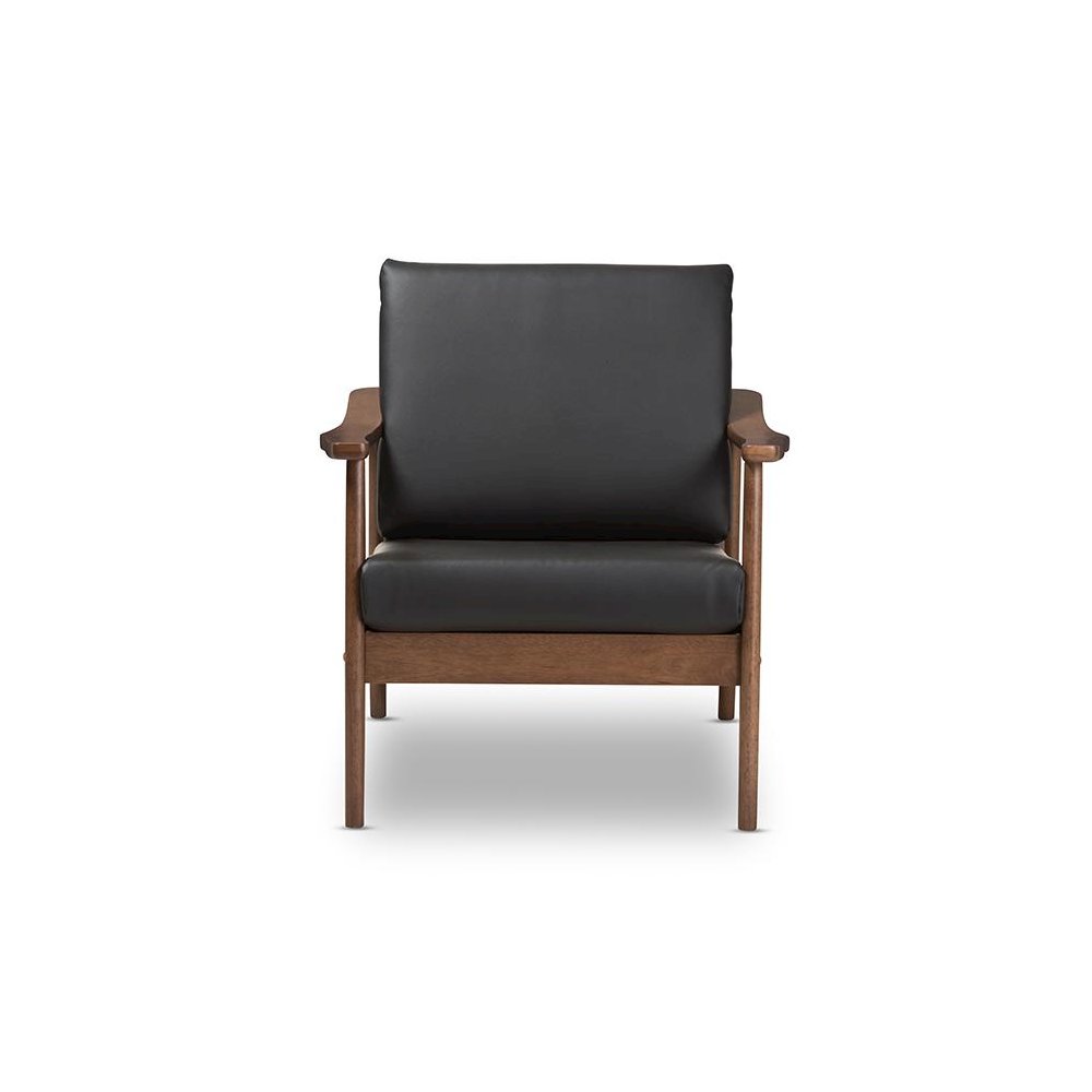 Venza Mid-Century Modern Walnut Wood Black Faux Leather Lounge Chair. Picture 2