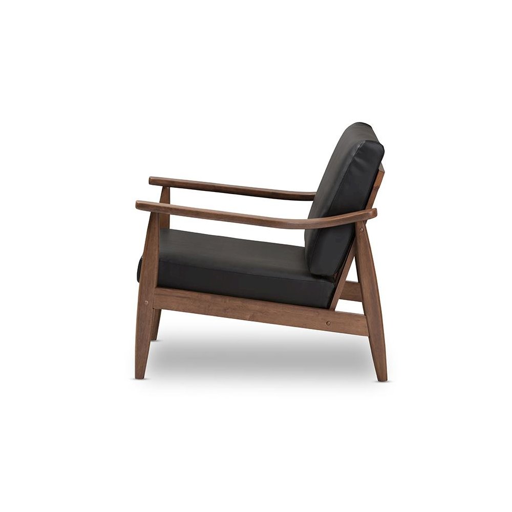 Venza Mid-Century Modern Walnut Wood Black Faux Leather Lounge Chair. Picture 3