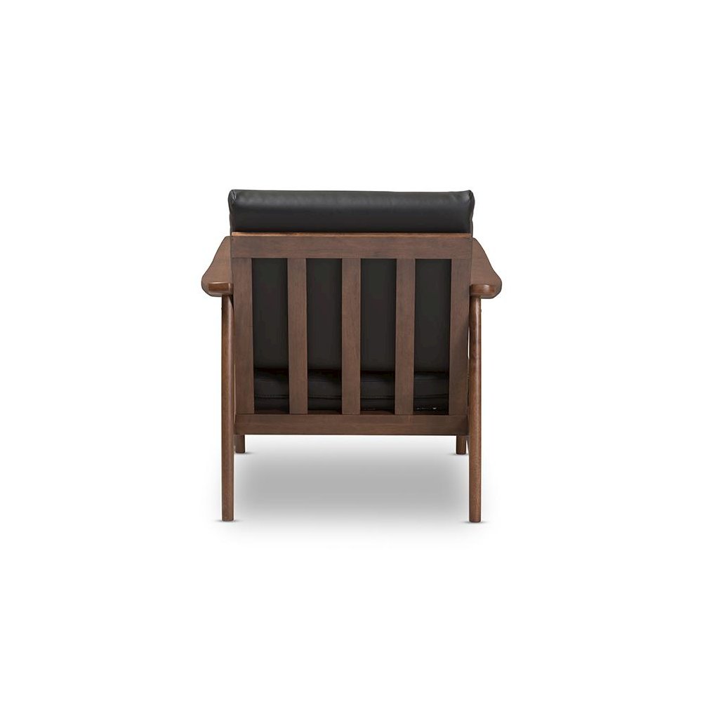 Venza Mid-Century Modern Walnut Wood Black Faux Leather Lounge Chair. Picture 4