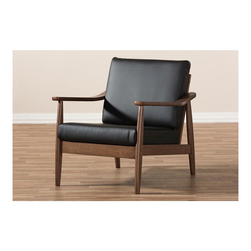 Venza Mid-Century Modern Walnut Wood Black Faux Leather Lounge Chair. Picture 8