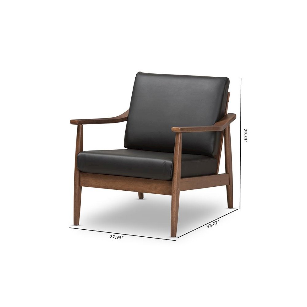 Venza Mid-Century Modern Walnut Wood Black Faux Leather Lounge Chair. Picture 9