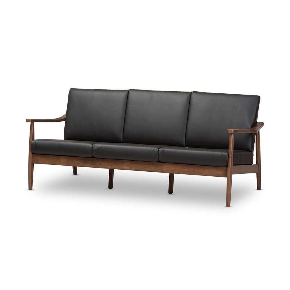 Venza Mid-Century Modern Walnut Wood Black Faux Leather 3-Seater Sofa. Picture 1
