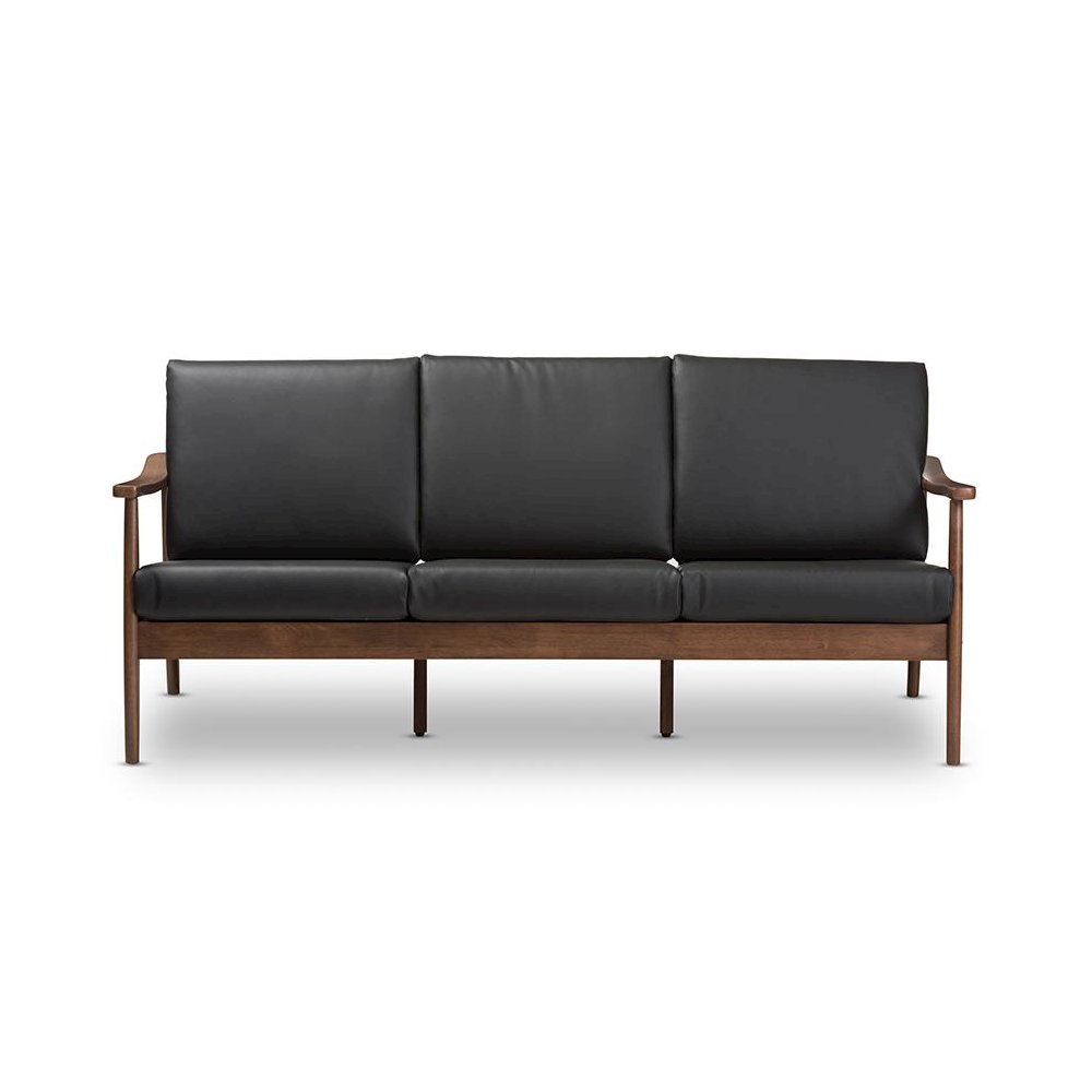 Venza Mid-Century Modern Walnut Wood Black Faux Leather 3-Seater Sofa. Picture 2