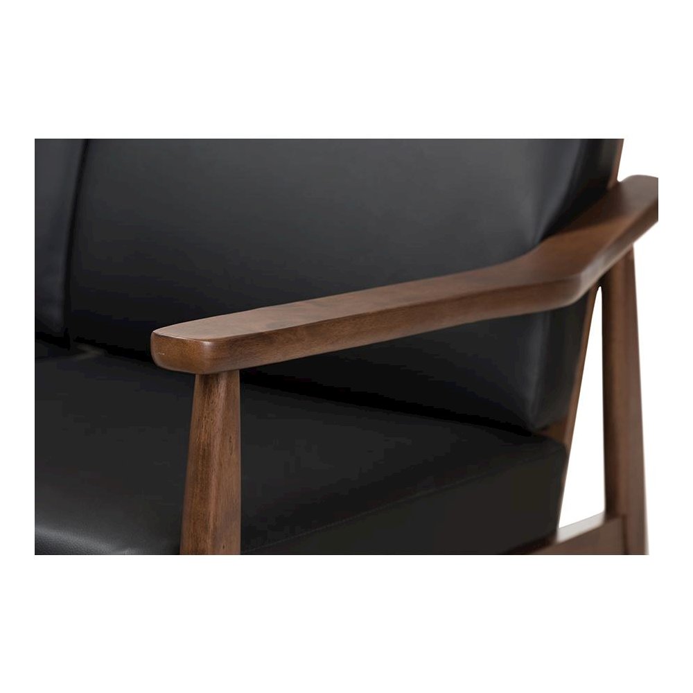 Venza Mid-Century Modern Walnut Wood Black Faux Leather 3-Seater Sofa. Picture 5