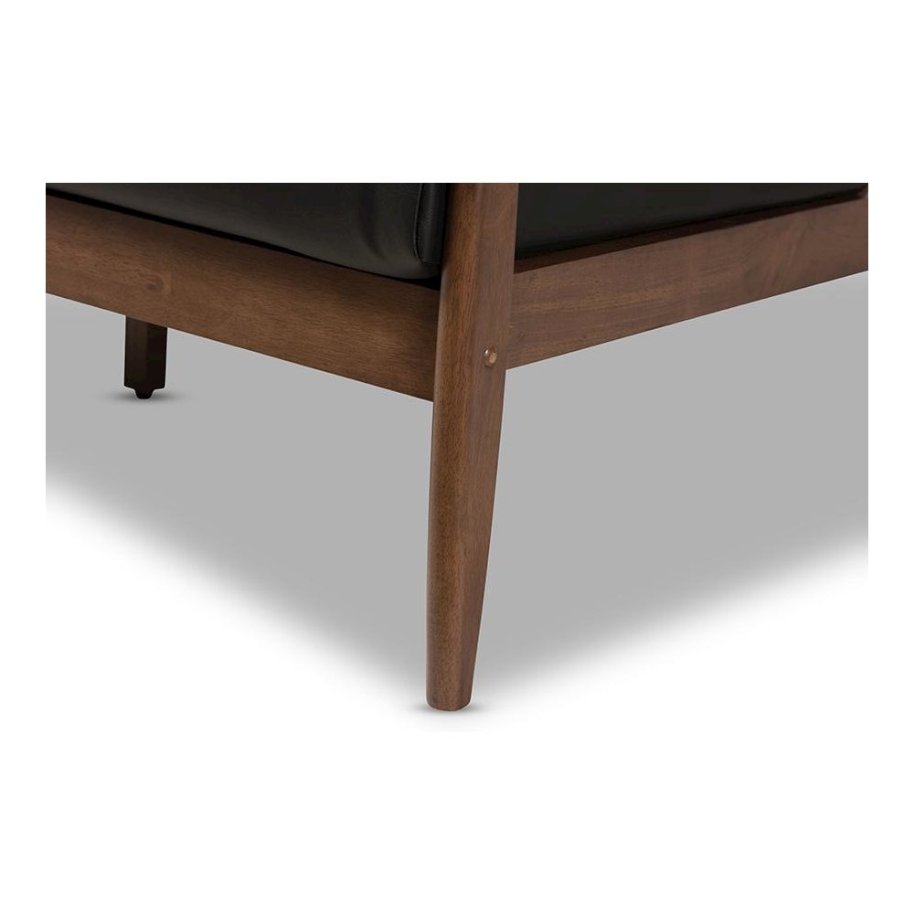Venza Mid-Century Modern Walnut Wood Black Faux Leather 3-Seater Sofa. Picture 6