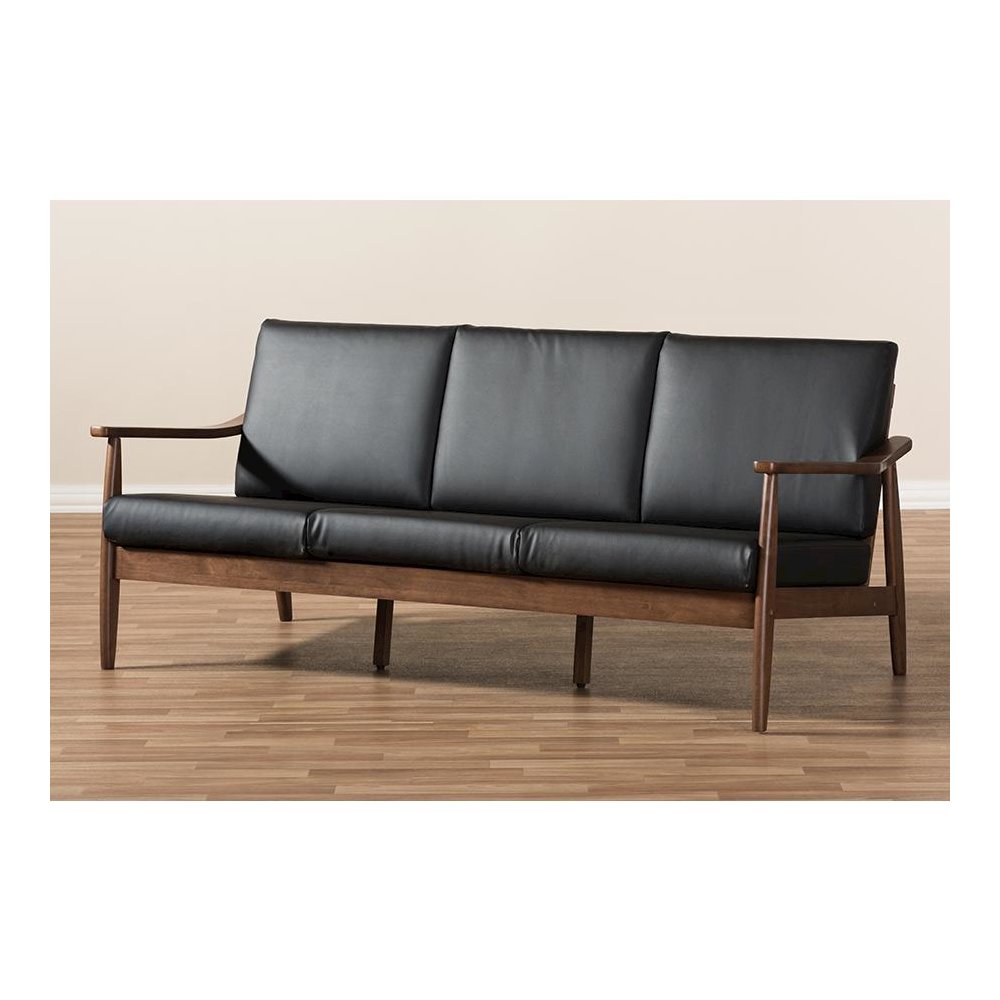 Venza Mid-Century Modern Walnut Wood Black Faux Leather 3-Seater Sofa. Picture 8