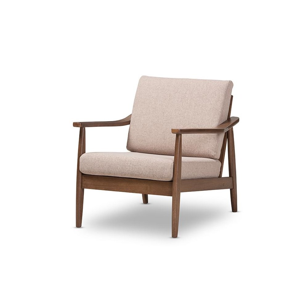 Venza Mid-Century Modern Walnut Wood Light Brown Fabric Upholstered Lounge Chair. Picture 1