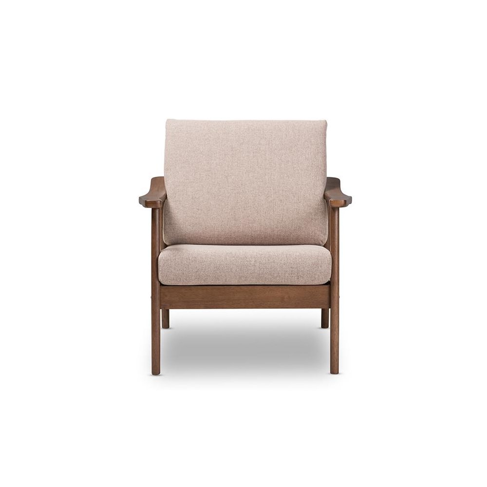 Venza Mid-Century Modern Walnut Wood Light Brown Fabric Upholstered Lounge Chair. Picture 2