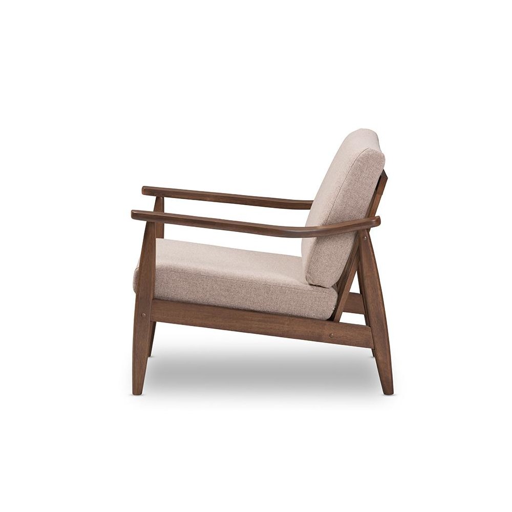 Venza Mid-Century Modern Walnut Wood Light Brown Fabric Upholstered Lounge Chair. Picture 3