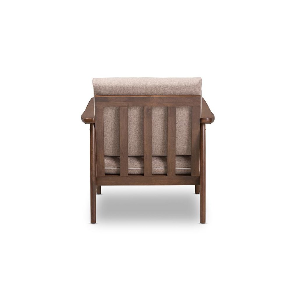 Venza Mid-Century Modern Walnut Wood Light Brown Fabric Upholstered Lounge Chair. Picture 4