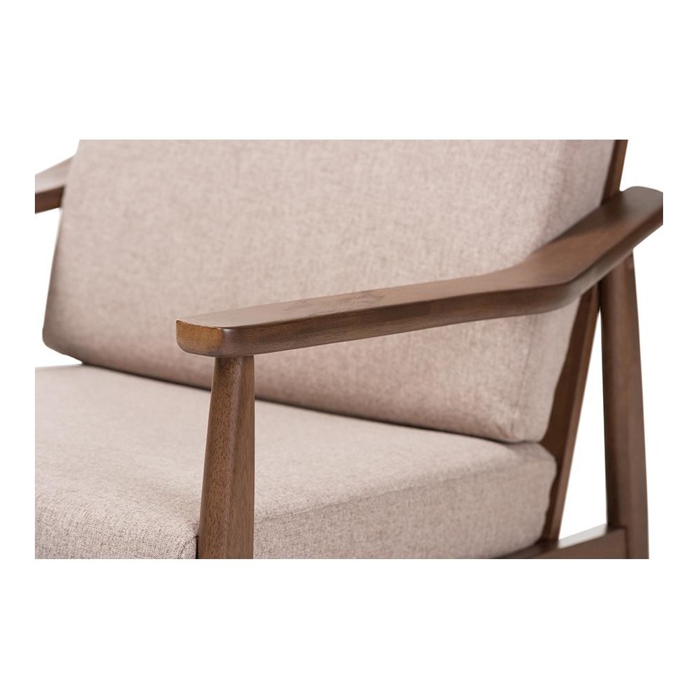 Venza Mid-Century Modern Walnut Wood Light Brown Fabric Upholstered Lounge Chair. Picture 5