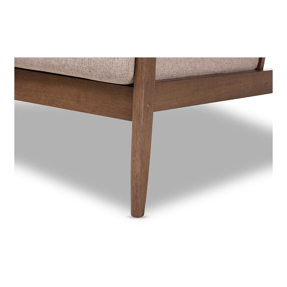 Venza Mid-Century Modern Walnut Wood Light Brown Fabric Upholstered Lounge Chair. Picture 6