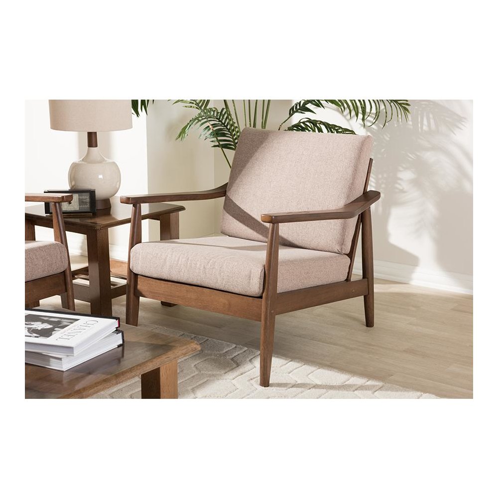 Venza Mid-Century Modern Walnut Wood Light Brown Fabric Upholstered Lounge Chair. Picture 7