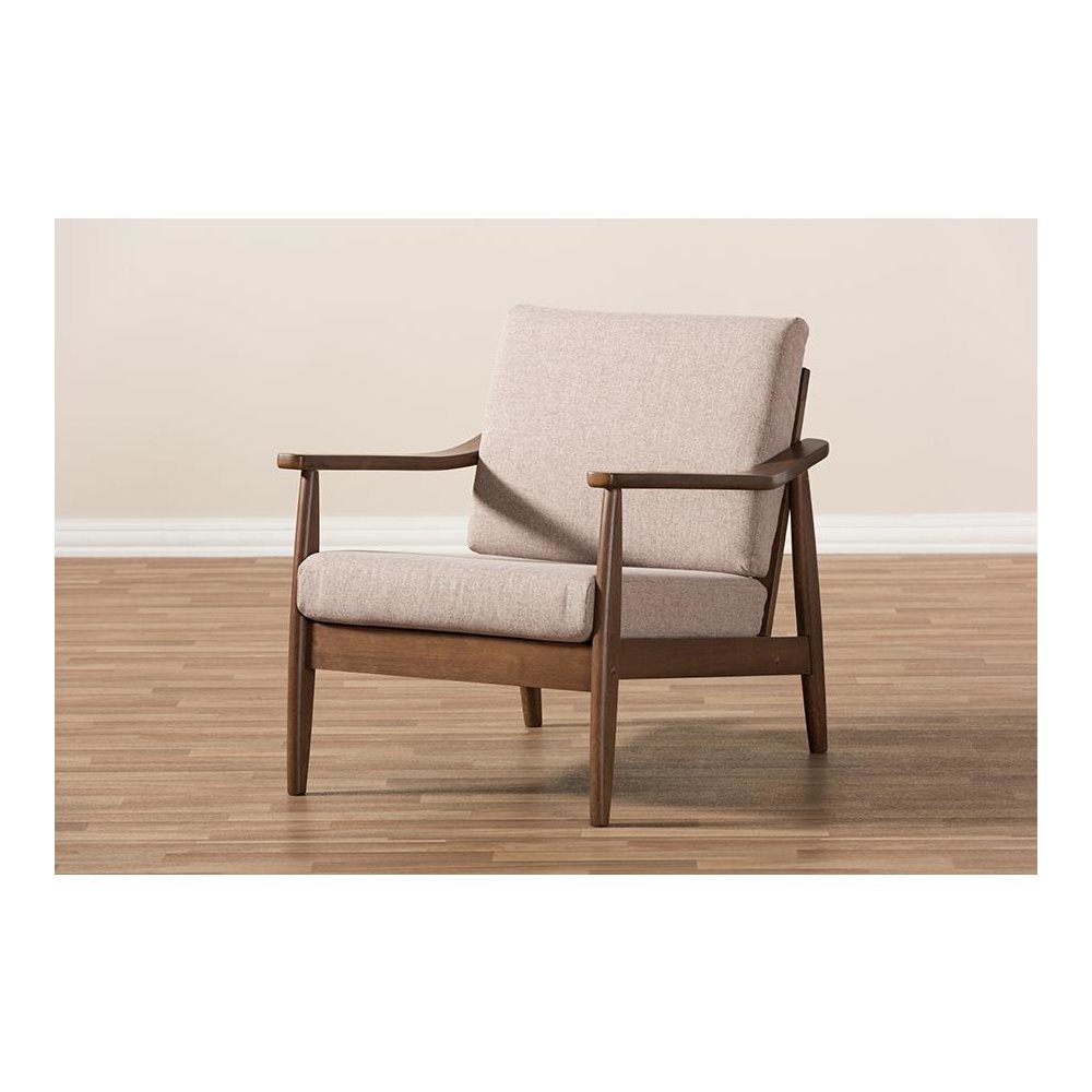 Venza Mid-Century Modern Walnut Wood Light Brown Fabric Upholstered Lounge Chair. Picture 8