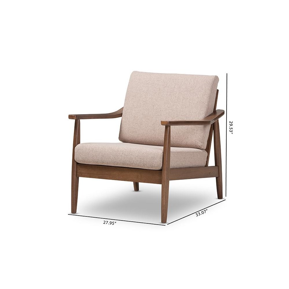 Venza Mid-Century Modern Walnut Wood Light Brown Fabric Upholstered Lounge Chair. Picture 9