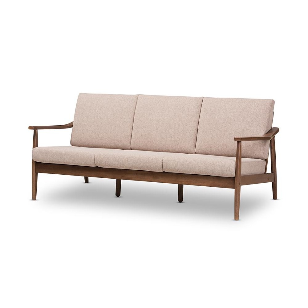Walnut Wood Light Brown Fabric Upholstered 3-Seater Sofa. Picture 1