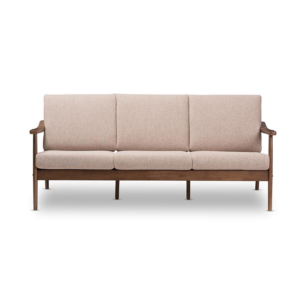 Walnut Wood Light Brown Fabric Upholstered 3-Seater Sofa. Picture 2
