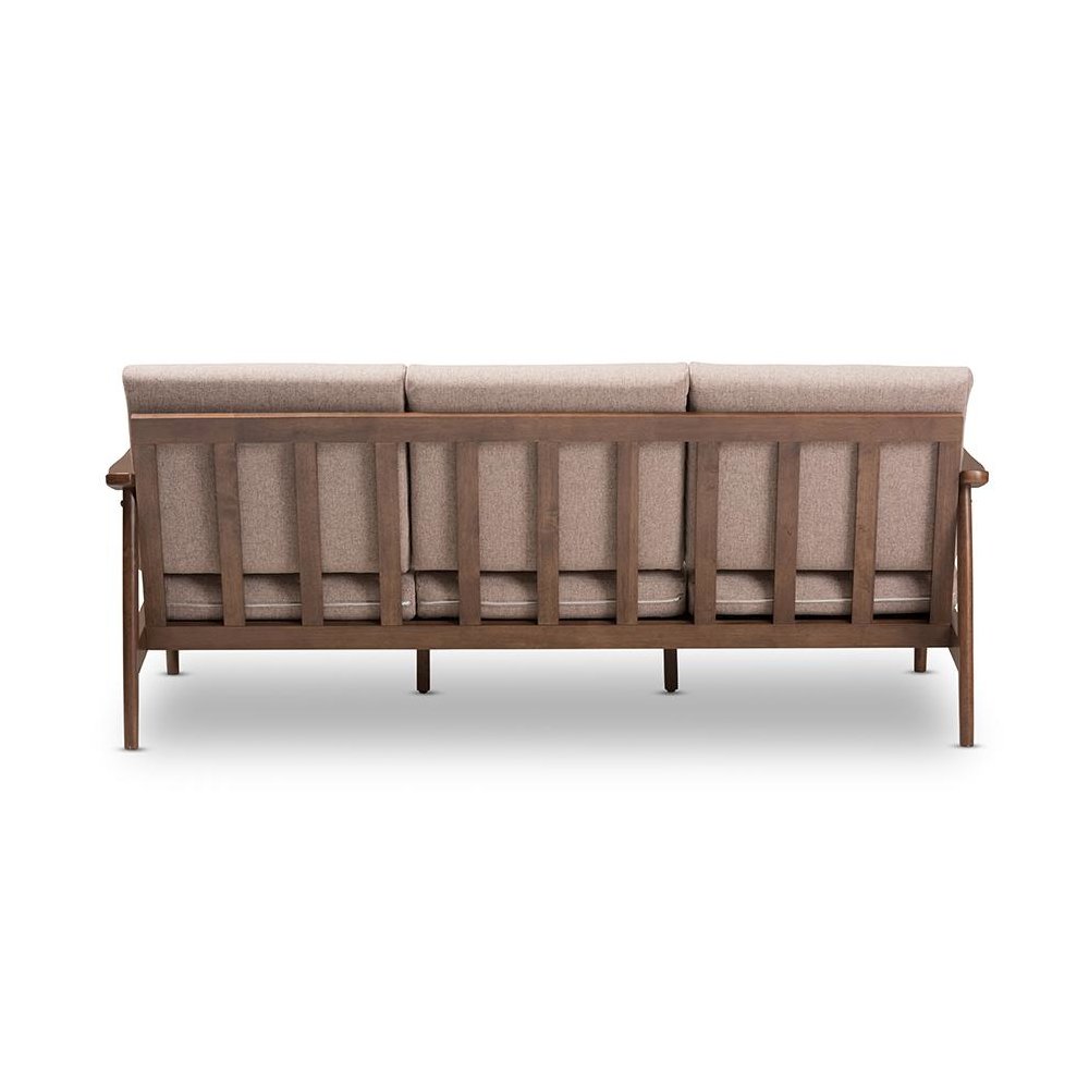 Walnut Wood Light Brown Fabric Upholstered 3-Seater Sofa. Picture 4
