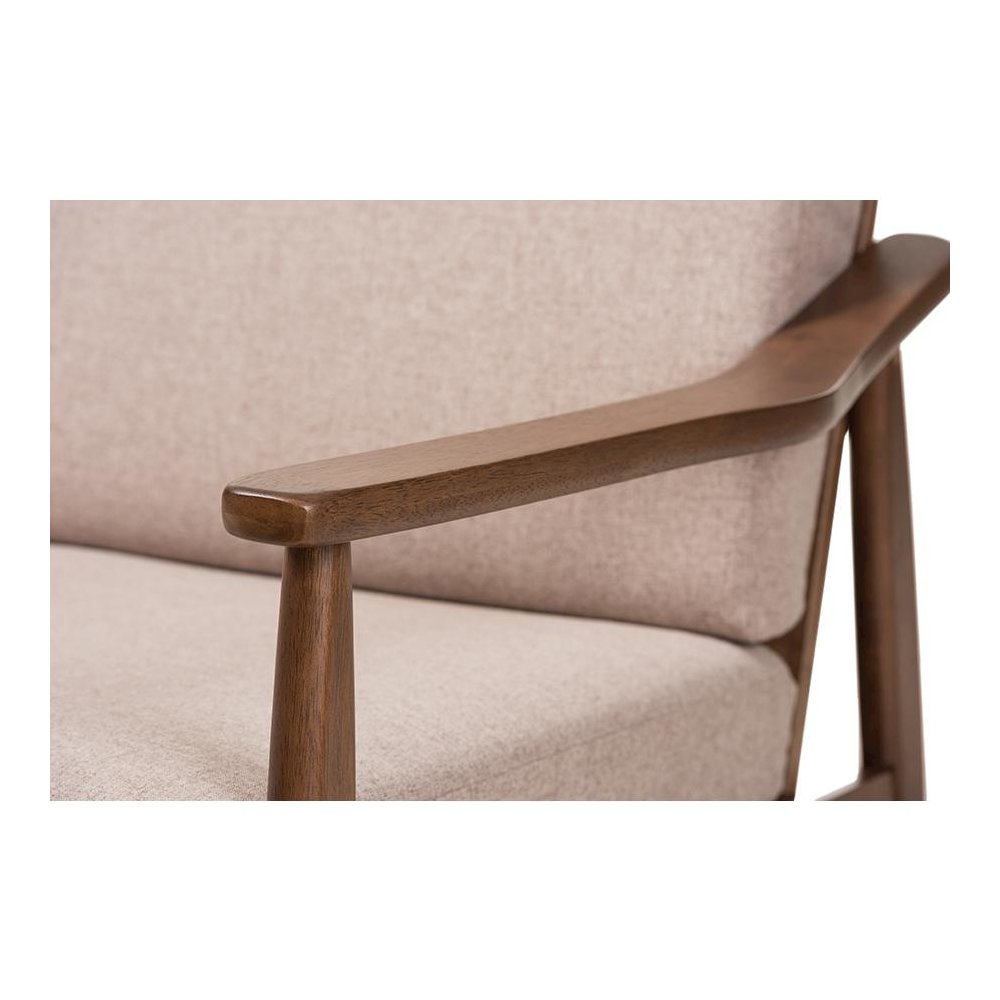 Walnut Wood Light Brown Fabric Upholstered 3-Seater Sofa. Picture 5
