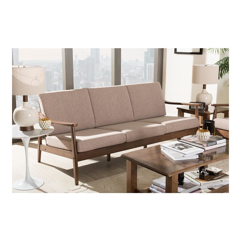 Walnut Wood Light Brown Fabric Upholstered 3-Seater Sofa. Picture 7