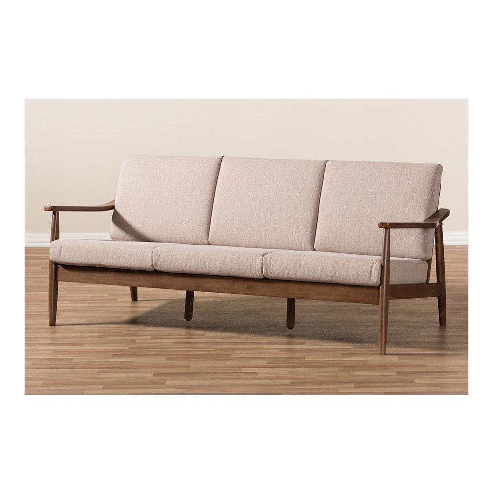 Walnut Wood Light Brown Fabric Upholstered 3-Seater Sofa. Picture 8