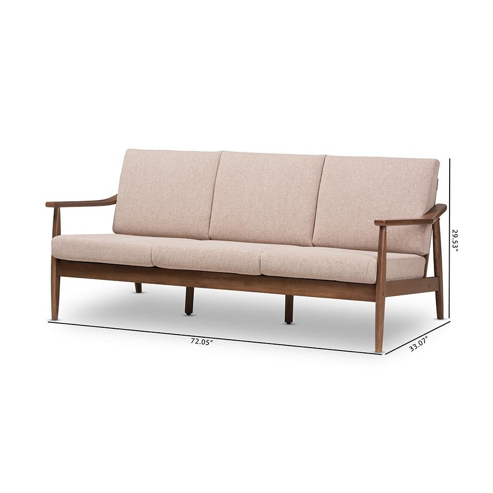 Walnut Wood Light Brown Fabric Upholstered 3-Seater Sofa. Picture 9