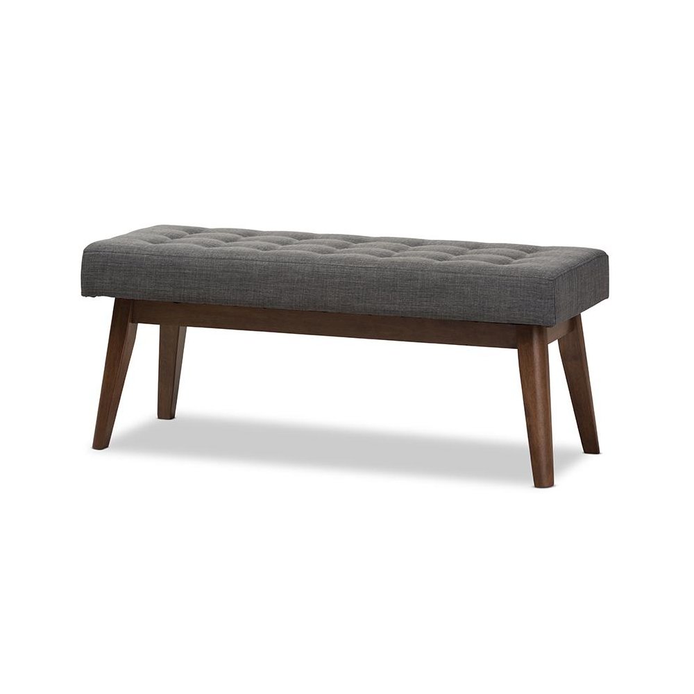 Elia Mid-Century Modern Walnut Wood Dark Grey Fabric Button-Tufted Bench. Picture 1