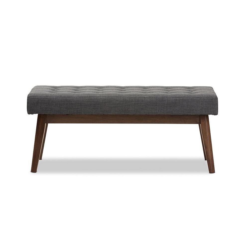 Elia Mid-Century Modern Walnut Wood Dark Grey Fabric Button-Tufted Bench. Picture 2