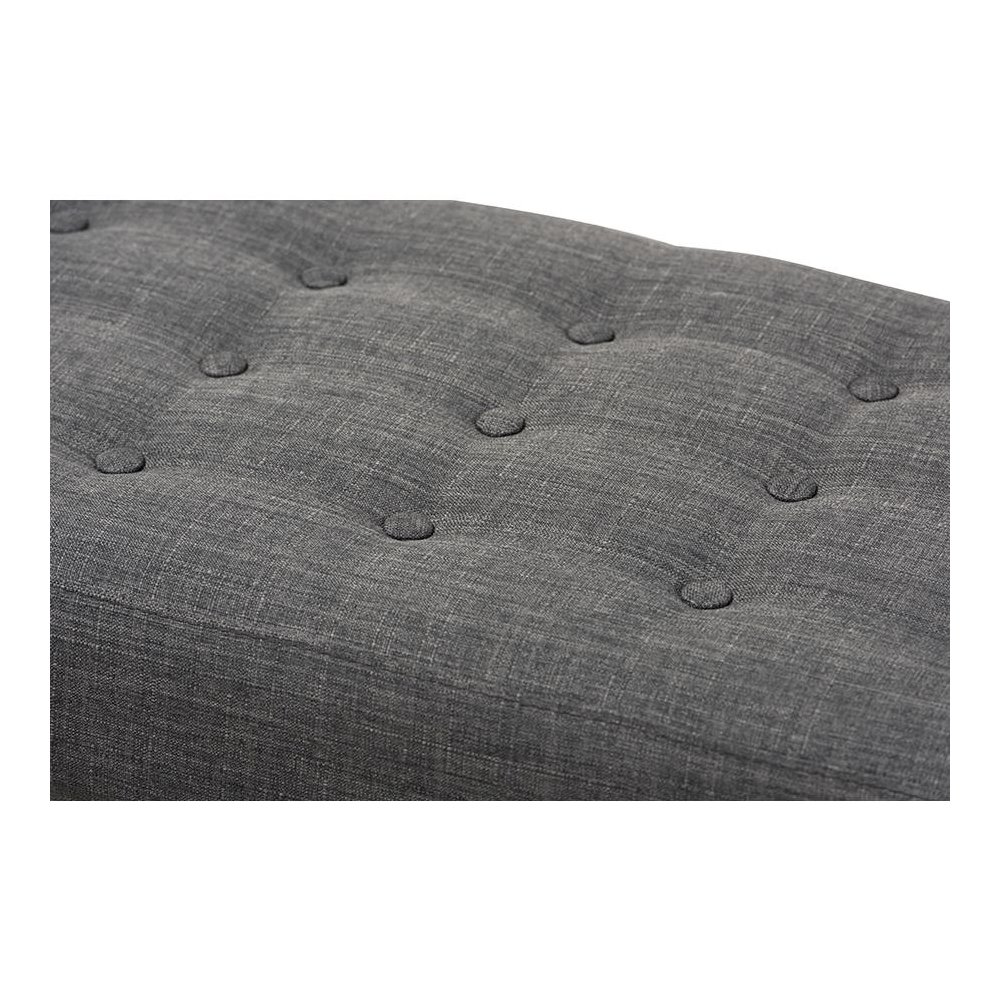 Elia Mid-Century Modern Walnut Wood Dark Grey Fabric Button-Tufted Bench. Picture 4