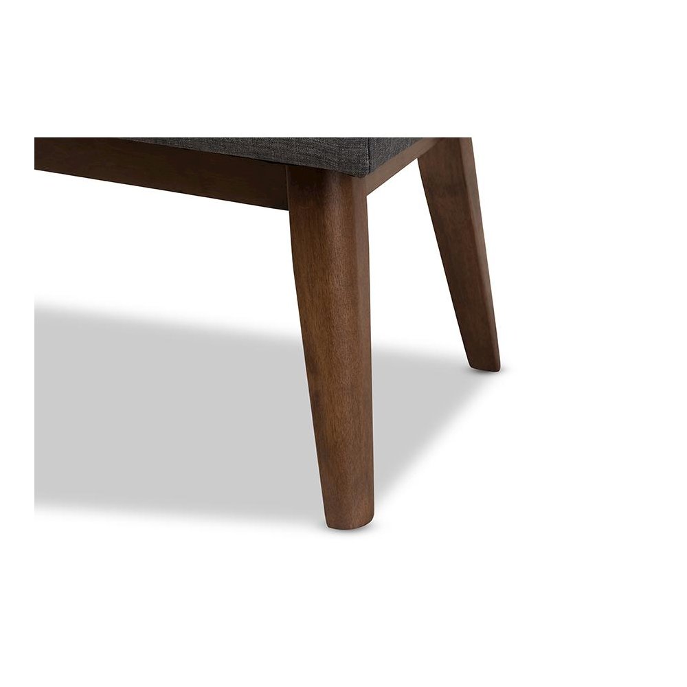 Elia Mid-Century Modern Walnut Wood Dark Grey Fabric Button-Tufted Bench. Picture 5