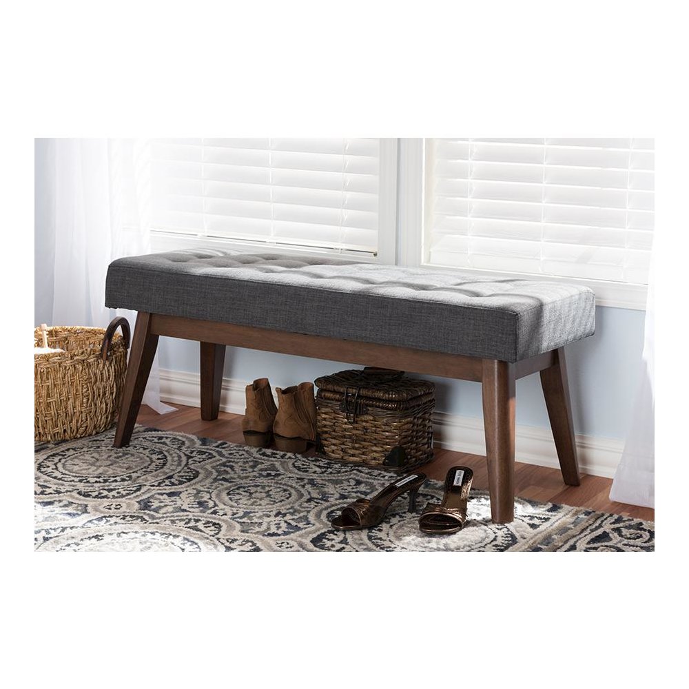 Elia Mid-Century Modern Walnut Wood Dark Grey Fabric Button-Tufted Bench. Picture 6