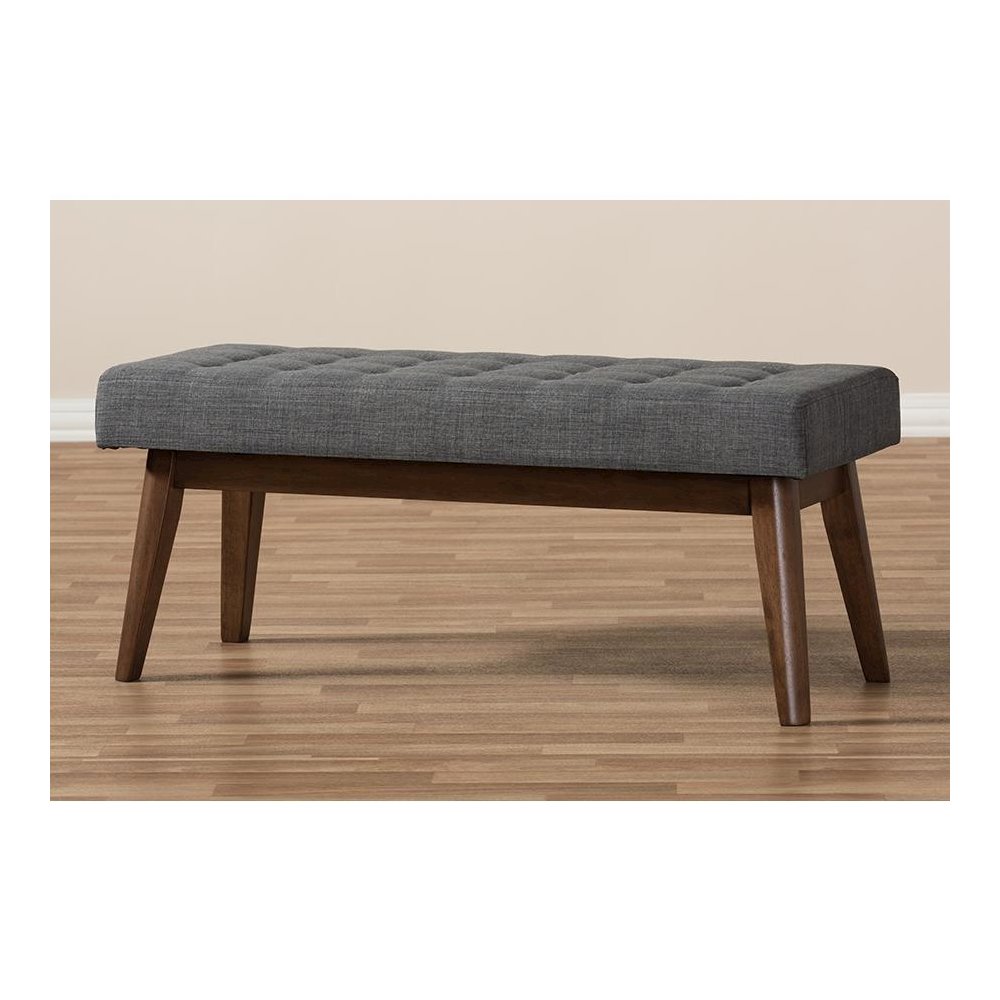 Elia Mid-Century Modern Walnut Wood Dark Grey Fabric Button-Tufted Bench. Picture 7
