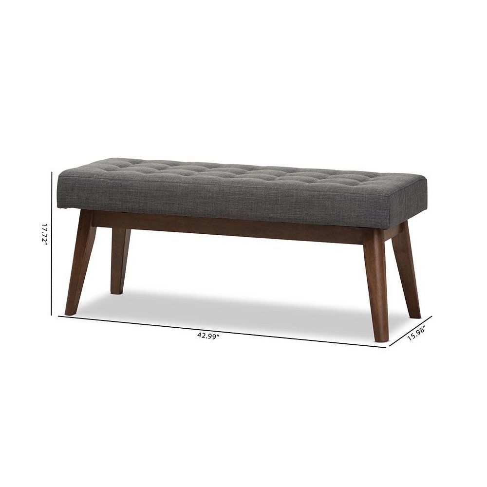 Elia Mid-Century Modern Walnut Wood Dark Grey Fabric Button-Tufted Bench. Picture 8