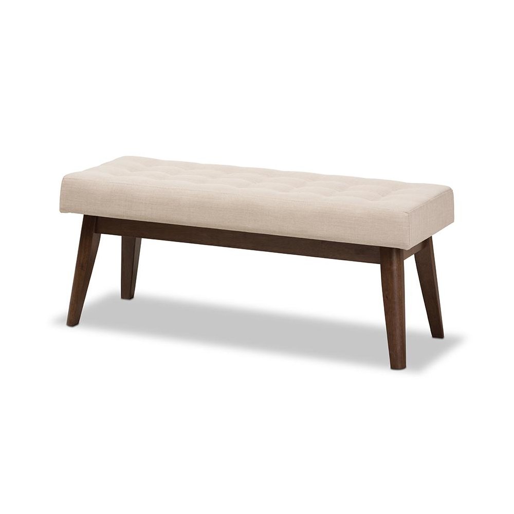 Elia Mid-Century Modern Walnut Wood Light Beige Fabric Button-Tufted Bench. Picture 1