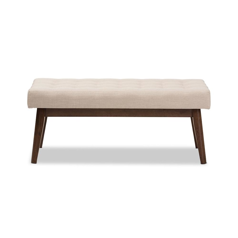 Elia Mid-Century Modern Walnut Wood Light Beige Fabric Button-Tufted Bench. Picture 2